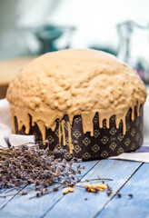 Panettone is an Italian type of sweet bread. Freshly baked sweet braided bread. Eastern European freshly baked dessert