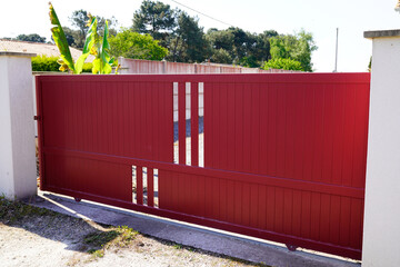 portal aluminum dark red metal gate of suburb house steel door