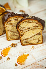 Panettone is an Italian type of sweet bread. Freshly baked sweet braided bread. Eastern European freshly baked dessert