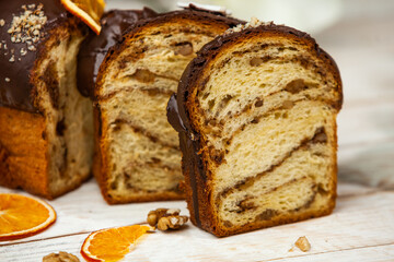 Panettone is an Italian type of sweet bread. Freshly baked sweet braided bread. Eastern European freshly baked dessert