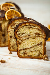 Panettone is an Italian type of sweet bread. Freshly baked sweet braided bread. Eastern European freshly baked dessert