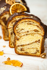 Panettone is an Italian type of sweet bread. Freshly baked sweet braided bread. Eastern European freshly baked dessert