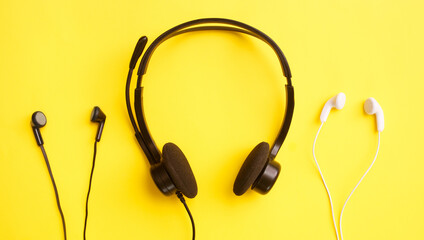Three pairs of headphones on a yellow background. Clubhouse social media concept.