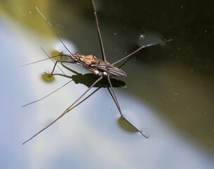 A water spider walking on brown water