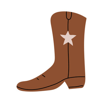 Brown Сowboy boot with star ornament.  Wild West theme. Hand drawn colored trendy Vector isolated illustration.