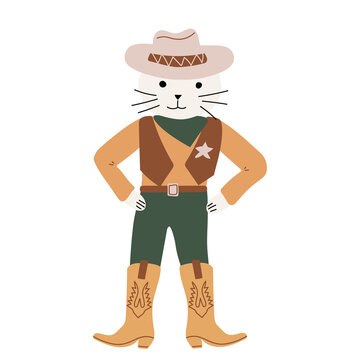 Cat Cowboy, wearing a hat, vest, boots, sheriff's badge on his chest. Cute kids character. Wild West theme. Hand drawn colored trendy Vector isolated illustration. 