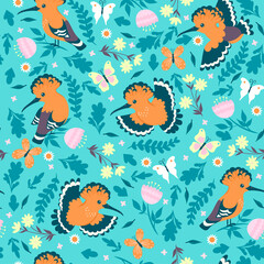 Seamless pattern with hoopoe birds and flowers. Vector graphics