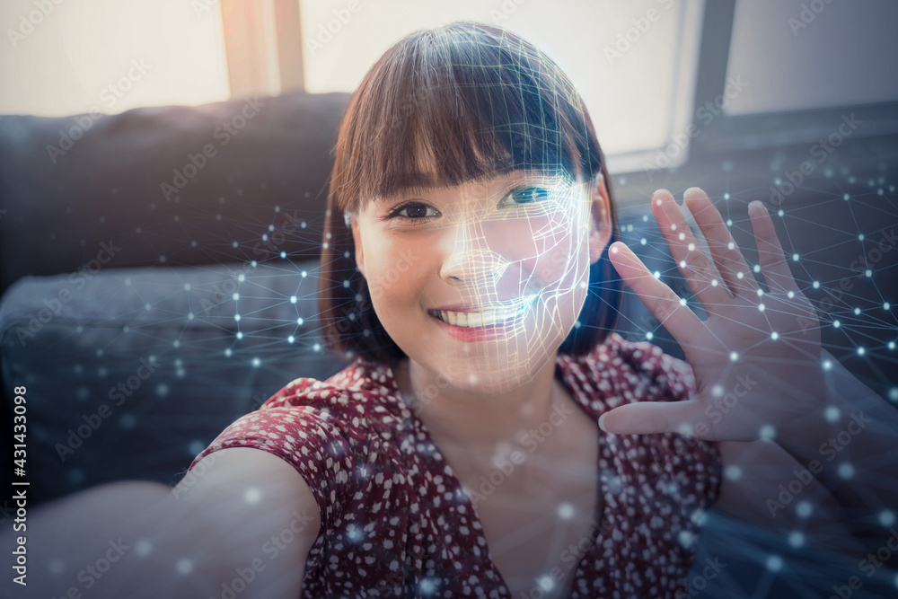 Poster face detection ai technology, facial recognition security user identification access, asian girl wav