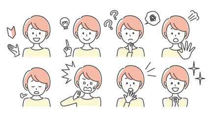 simple illustration of lady with many facial expressions