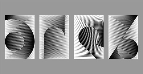 Set of modern design templates for card, cover, poster, banner, flyer, halftone lines black and white backgrounds, minimal geometric dynamic patterns.