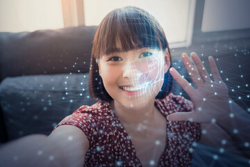 Face detection AI technology, facial recognition security user identification access, Asian girl...