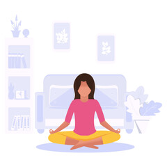 Woman in lotus position in yoga. The concept of a healthy lifestyle and yoga at home. Flat. Cartoon style. Vector.