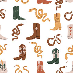 Seamless pattern with cowboy boots and snakes. Wild West theme.  Simple childish  style perfect for textiles, baby shower fabrics, digital paper, fashion.
