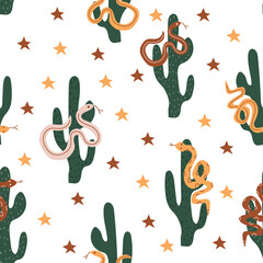 Seamless pattern with cacti, stars  and snakes. Multicolored cute rattlesnakes. Wild West theme.  Simple childish  style perfect for textiles, baby shower fabrics, digital paper, fashion.