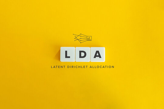 LDA (Latent Dirichlet Allocation) banner and concept. Block letters on bright orange background. Minimal aesthetics.