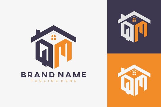 hexagon QM house monogram logo for real estate, property, construction business identity. box shaped home initiral with fav icons vector graphic template