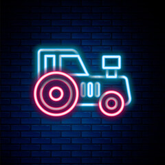 Glowing neon line Tractor icon isolated on brick wall background. Colorful outline concept. Vector