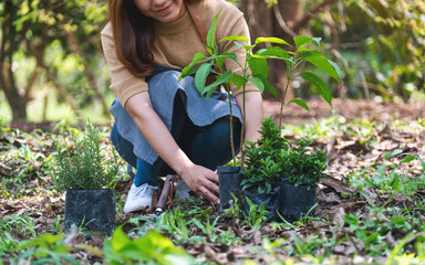 Closeup image of a young asian woman preparing to plant trees in the garden