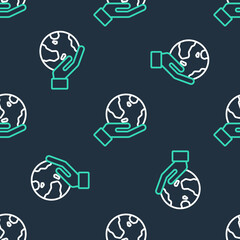 Line Human hand holding Earth globe icon isolated seamless pattern on black background. Save earth concept. Vector