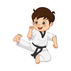 Cartoon little boy practicing karate