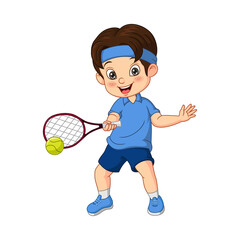 Cartoon funny boy playing tennis
