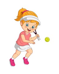Cartoon funny girl playing tennis
