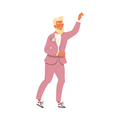 Blond Bearded Bridegroom as Newlywed or Just Married Male Wearing Evening Suit Dancing Vector Illustration