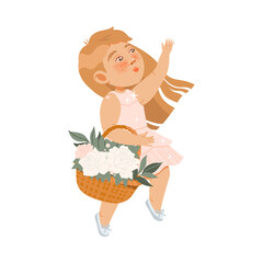 Charming Little Girl in Fancy Dress as Bride and Groom Attendant Carrying Basket with Flowers Vector Illustration