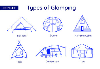 Glamping and Camping Types. Vector Line Icon Set. - obrazy, fototapety, plakaty