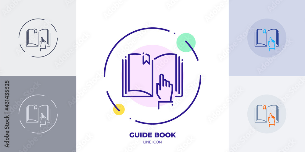 Poster hand index guide book line art vector icon. outline symbol of online customer support.
