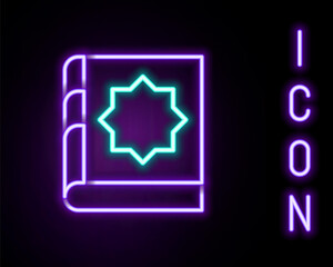 Obraz premium Glowing neon line Holy book of Koran icon isolated on black background. Muslim holiday, Eid Mubarak, Eid al-fitr, Ramadan Kareem. Colorful outline concept. Vector