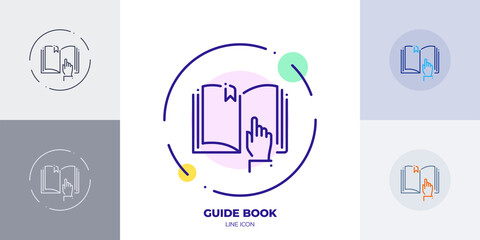 Hand index guide book line art vector icon. Outline symbol of online customer support.
