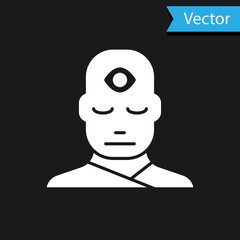 White Man with third eye icon isolated on black background. The concept of meditation, vision of energy, aura. Vector Illustration
