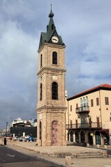 Fototapeta na wymiar Jaffa Clock Tower in the Jaffa district of Tel Aviv, Israel. The clock tower was built in the Ottoman period.