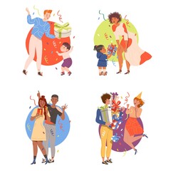 People Characters Giving Gifts to Each Other Celebrating Special Occasions Like Birthday or Holidays Vector Illustration Set