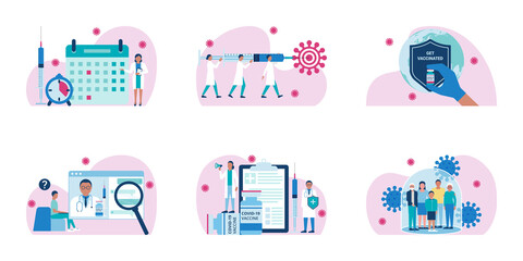 Coronavirus Covid-19 worldwide vaccination. Vector set of banner spot illustrations. Time to vaccinate. Doctors hold syringe with vaccine. Get vaccinated. Q&A about vaccine. Family vaccination concept