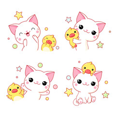 Obraz premium Set of kawaii cat and duckling.