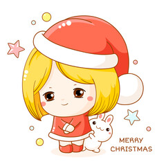 Greeting Christmas card in kawaii style. Cute shy little girl with his bunny friend