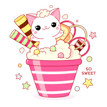 Cute yummy card in kawaii style. Lovely cat with ice cream