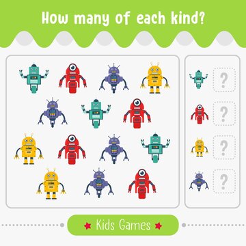 Counting educational children game. Kids activity for preschool children with how many of each kind pictures cartoon counting objects vector illustration