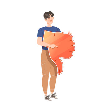 Male Standing and Holding Thumb Down Sign as Notification of Disapproval Vector Illustration
