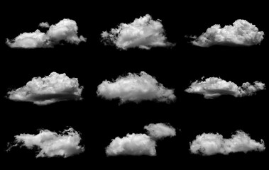 Collections of separate white clouds on a black background have real clouds. White cloud isolated...