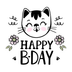CAT Baby Birthday Cute Kitten Festive Greeting Card With Flowers Cartoon Hand Drawn Sketch With Handwriting Text Clip Art Vector Illustration For Print