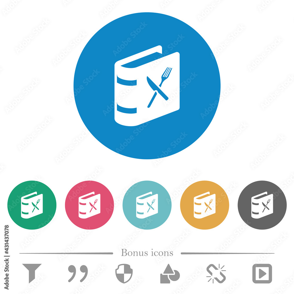 Poster cookbook with knife and fork flat round icons