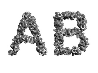 3d alphabet, uppercase letters A B made of bolts, 3d illustration