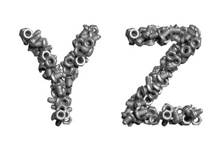 3d alphabet, uppercase letters Y Z made of bolts, 3d illustration