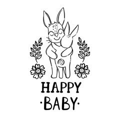 HAPPY BABY KIDS Mothers Day Parental Relationship Cute Hares Animals Friend To Friend Handwriting Text Monochrome Hand Drawn Clip Art Vector Illustration Set For Print