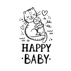 HAPPY BABY Mothers Day Parental Relationship Cute Cats Animals Friend To Friend Handwriting Text Monochrome Hand Drawn Clip Art Vector Illustration Set For Print