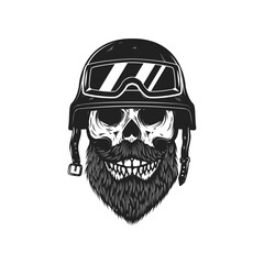 Illustration of bearded skull in racer helmet. Design element for logo, label, sign, emblem. Vector illustration