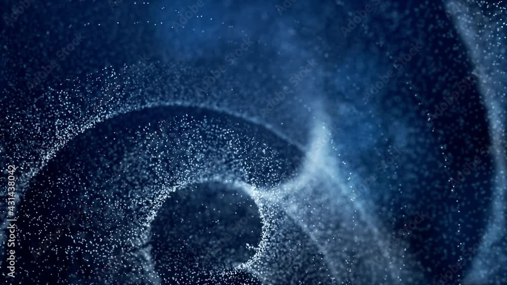Poster defocused digital particles rotation movement, digital cyberspace abstract background blue color con